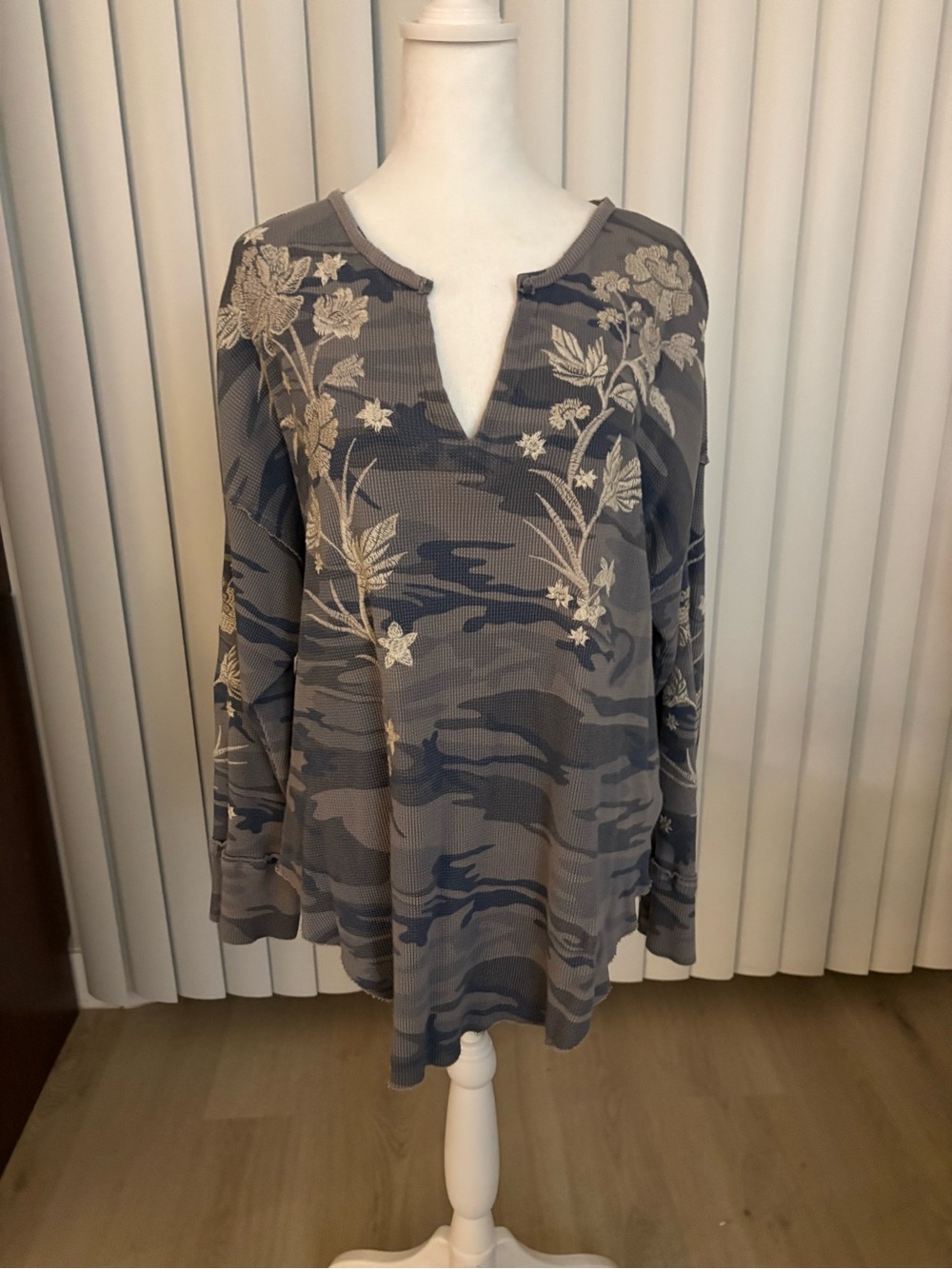 Johnny Was Gray Camo Split-Neck top with Cream Floral Embroidery